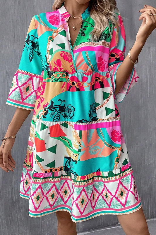 Multicolour Abstract Printed Half Sleeve Notched Neck Mini Dress