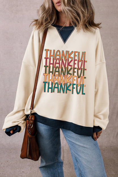 Sweat-shirt oversize blanc à imprimé graphique THANKFUL et bordures colorblock pour Thanksgiving
