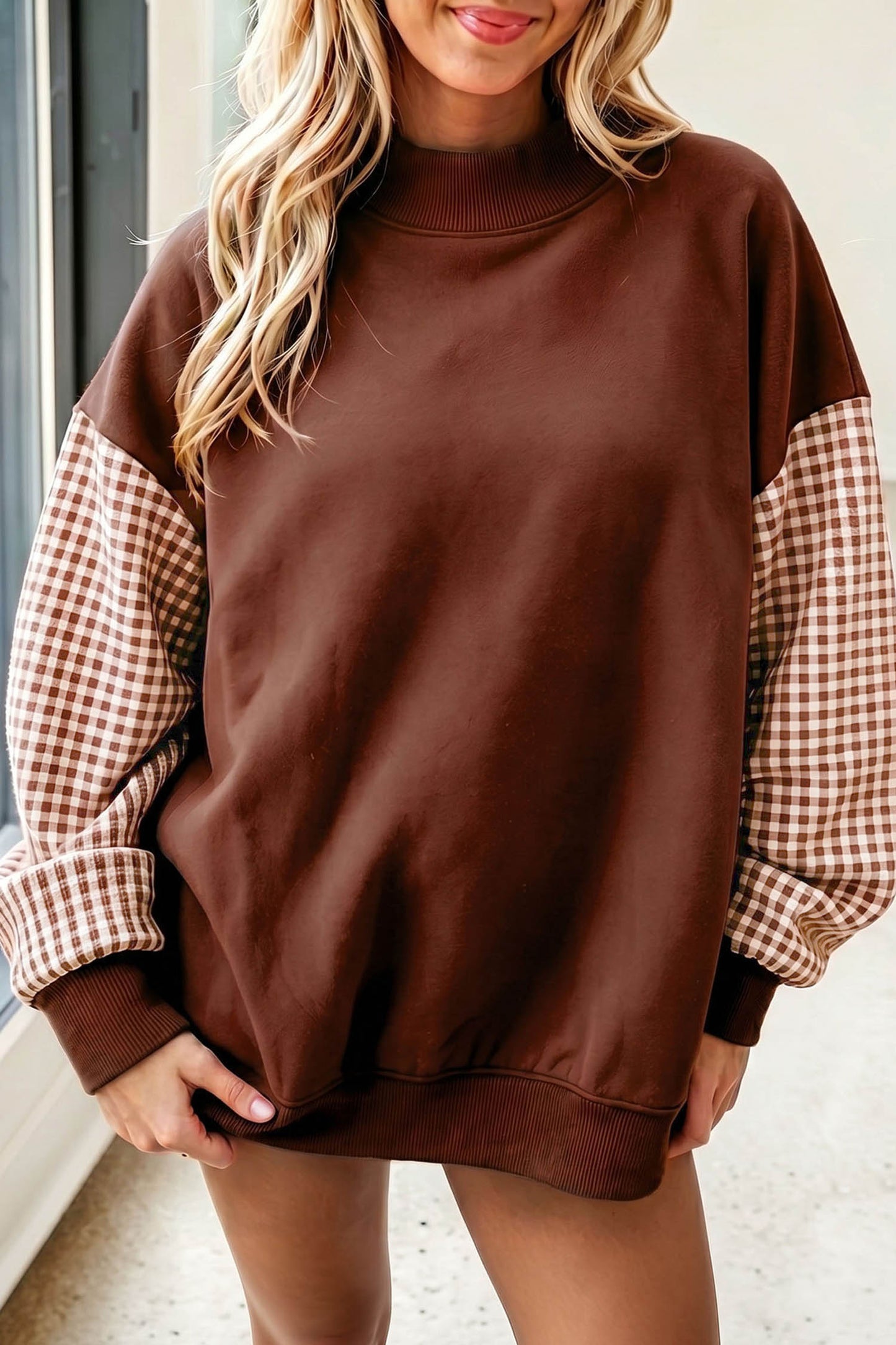 Coffee Plaid Sleeve Colorblock Loose Tunic Sweatshirt
