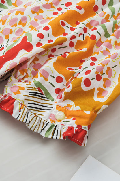 Chemisier à manches courtes et volants à imprimé floral rose