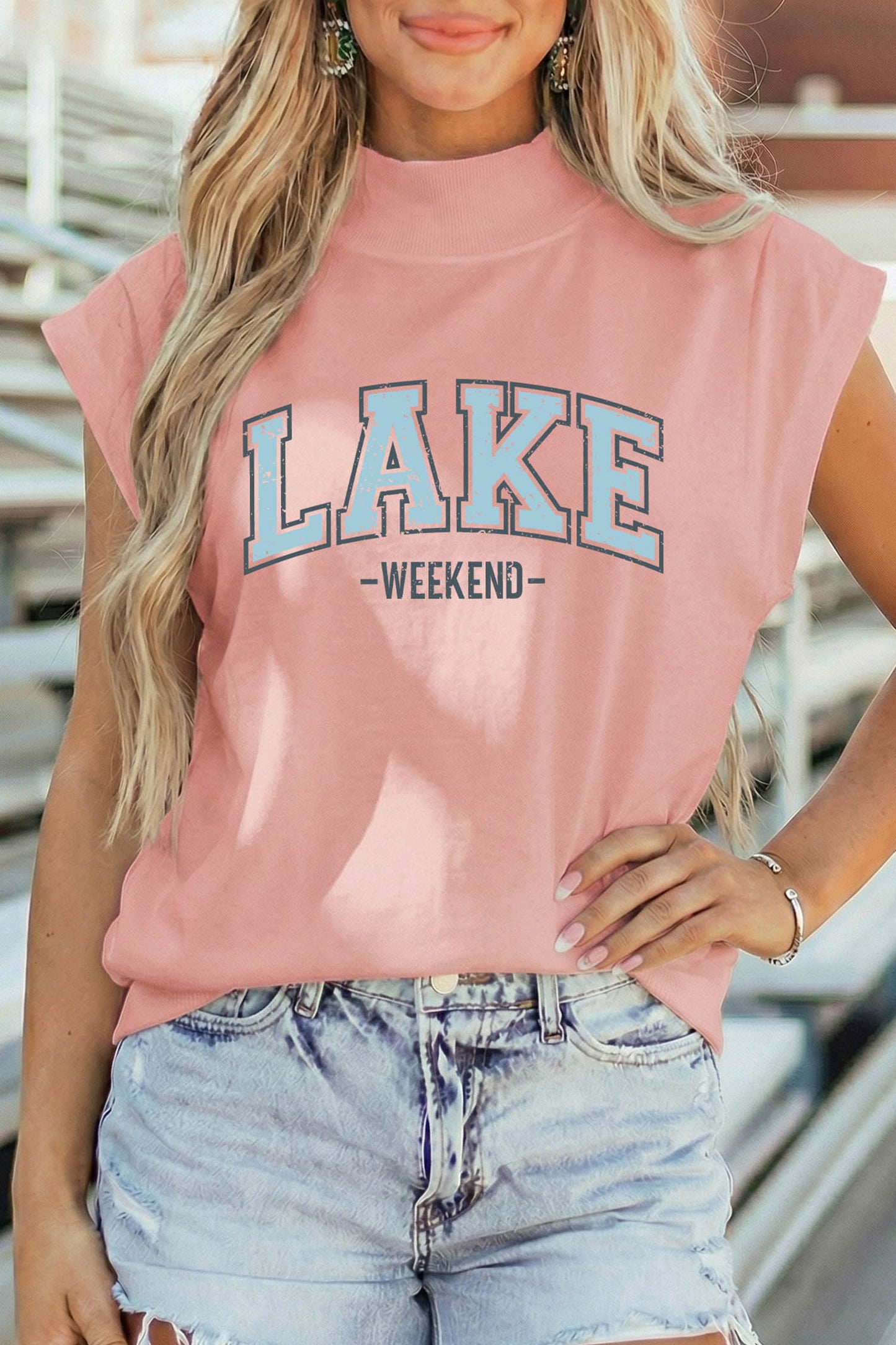 Pink Lake Weekend Graphic High Neck Short Sleeve Top