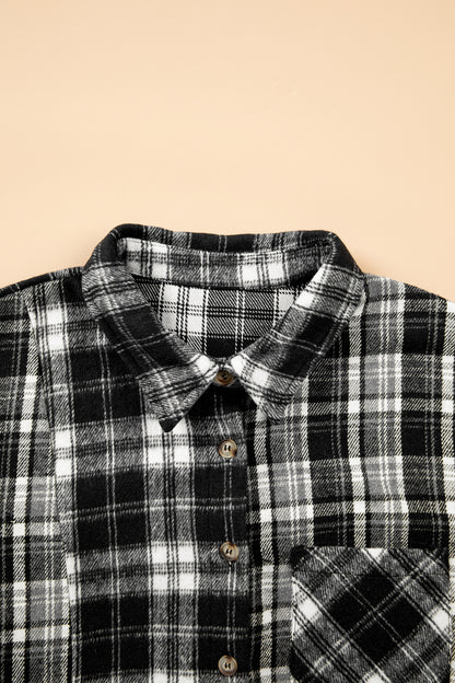 Black Plaid Long Sleeve V Neck Shift Plus Size Shirt Jacket