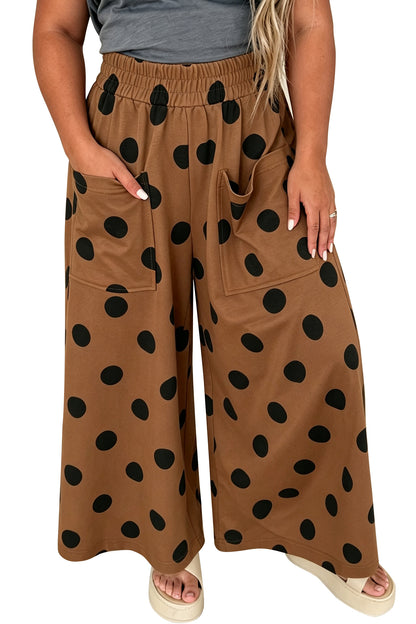 Brown Polka Dot Elastic Waist Wide Leg Plus Size Pants