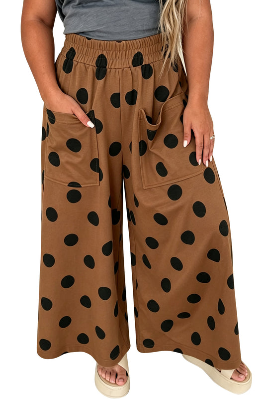Brown Polka Dot Elastic Waist Wide Leg Plus Size Pants