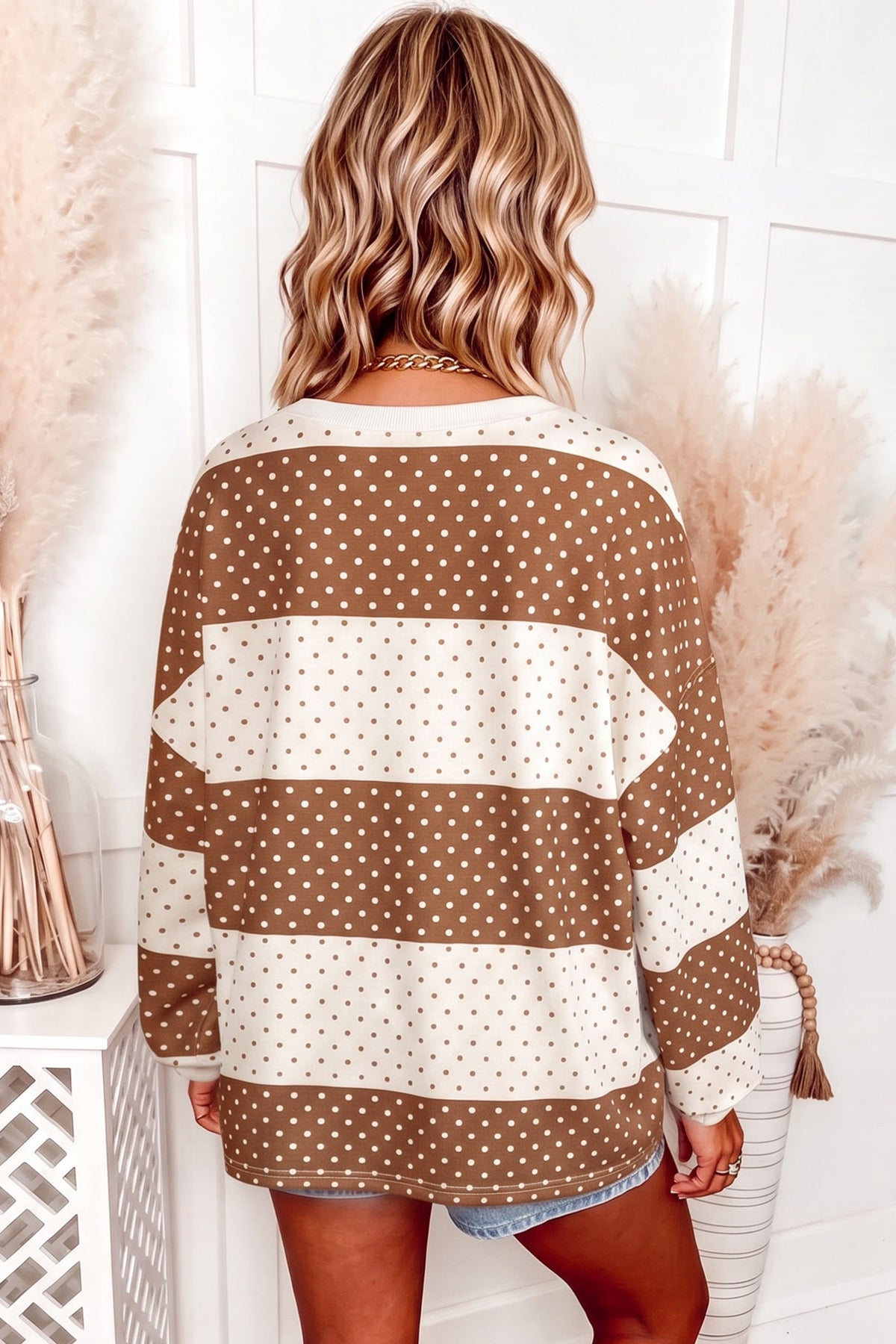 Brown Polka Dot Patchwork Colorblock Long Sleeve Top
