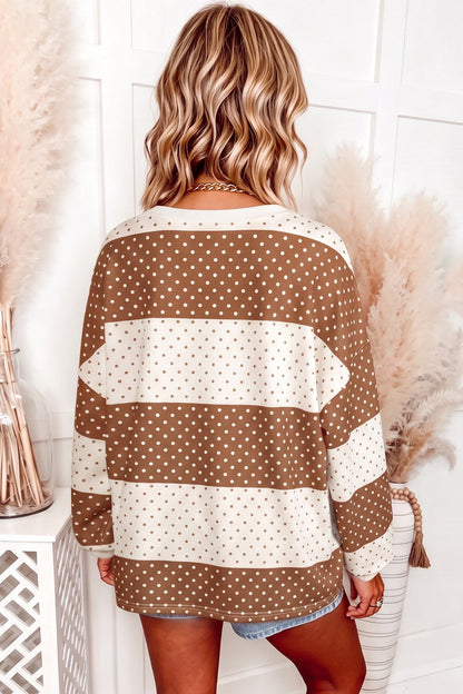 Brown Polka Dot Patchwork Colorblock Long Sleeve Top