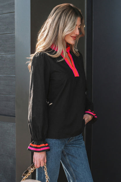 Four Leaf Clover Striped Trim Ruffle Split Neck Long Sleeve Blouse