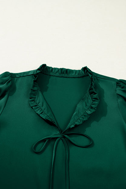 Blackish Green Solid Color Frilled V Neck Bow Detail 3/4 Sleeve Blouse