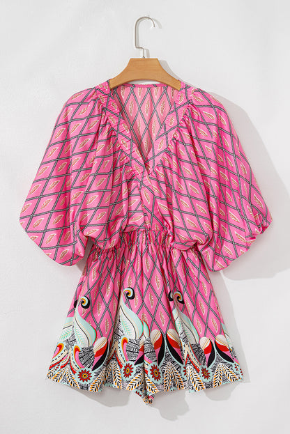 Combinaison taille haute à col en V et imprimé géométrique cachemire rose