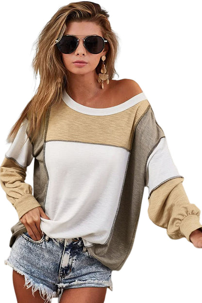 Khaki Exposed Seam Color Block Patchwork Top