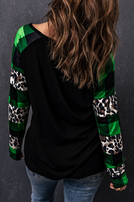 Green Sequin Clover Patch Graphic Plaid&Leopard Sleeve Top