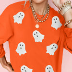 Orange Sequin Halloween Ghost Patched Drop Shoulder Sweatshirt