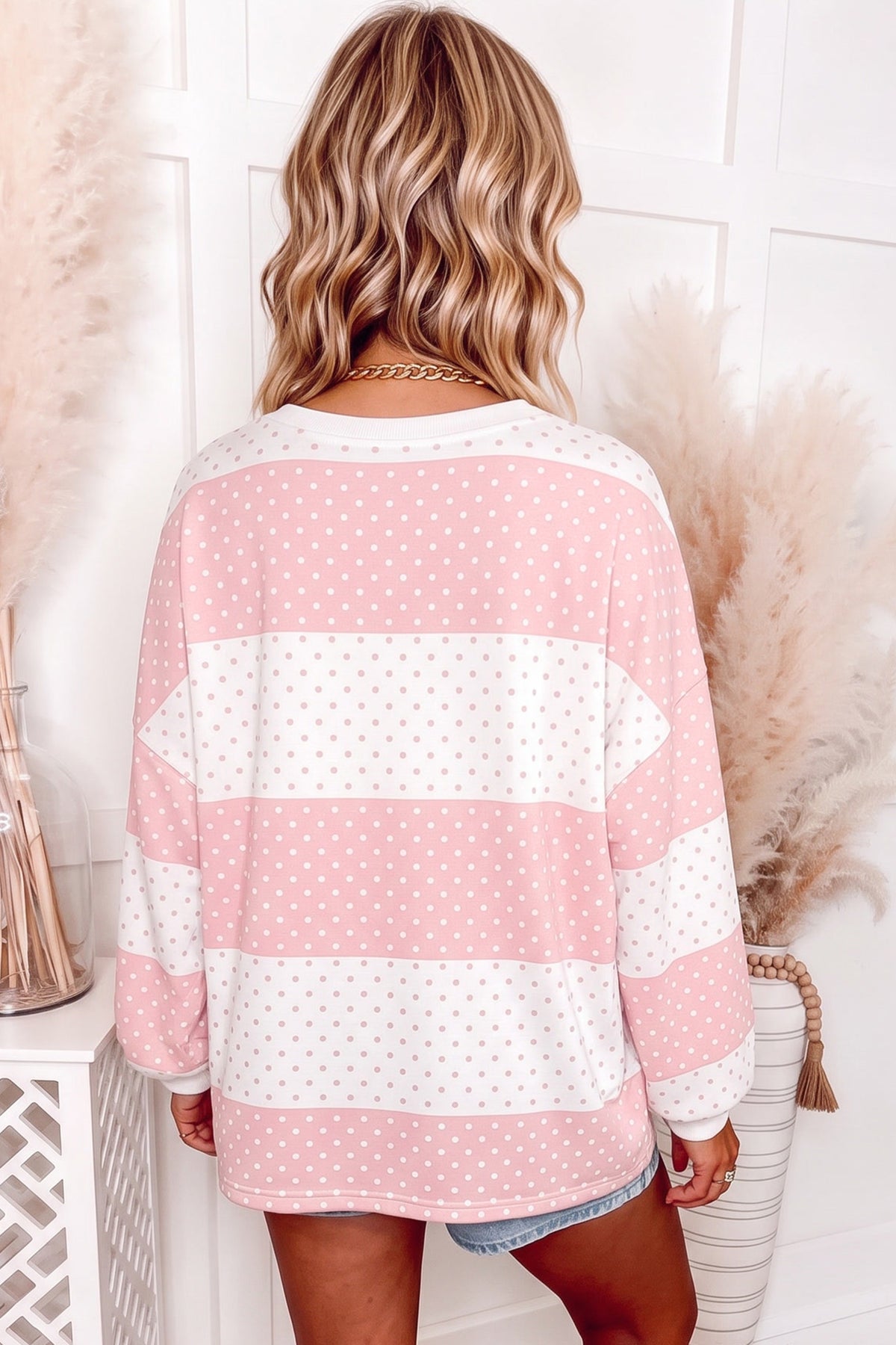 Pink Polka Dot Patchwork Colorblock Long Sleeve Top
