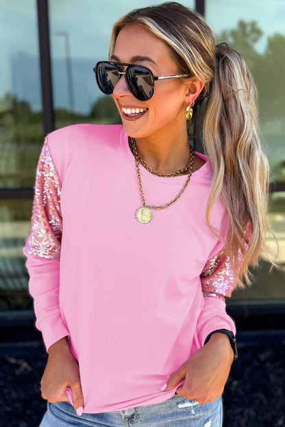 Pink Long Sleeve Sequin Round Neck Pullover Top