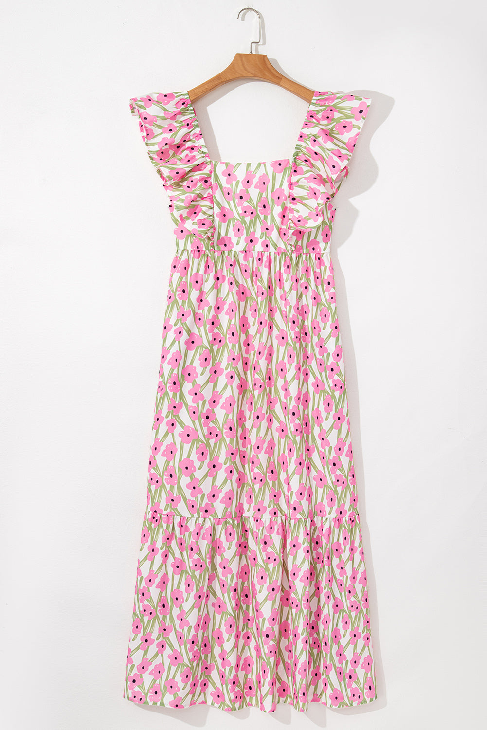 Robe longue rose à imprimé floral, col carré et bretelles à volants