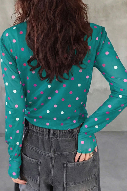 Green Polka Dot Patterned Bodycon Mock Neck Mesh Long Sleeve Top