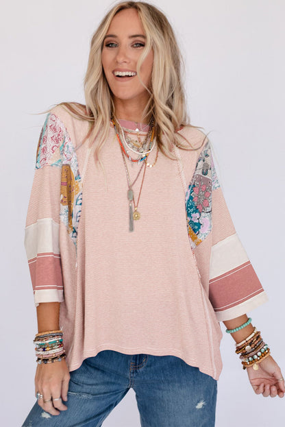 Pink Printed Pinstriped Color Block Patchwork Oversized Top