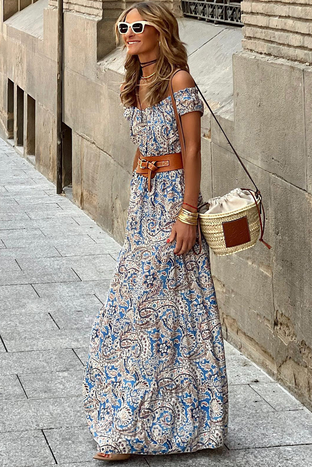Blue Boho Paisley Print Off Shoulder Maxi Dress Blue / L / 100%Viscose
