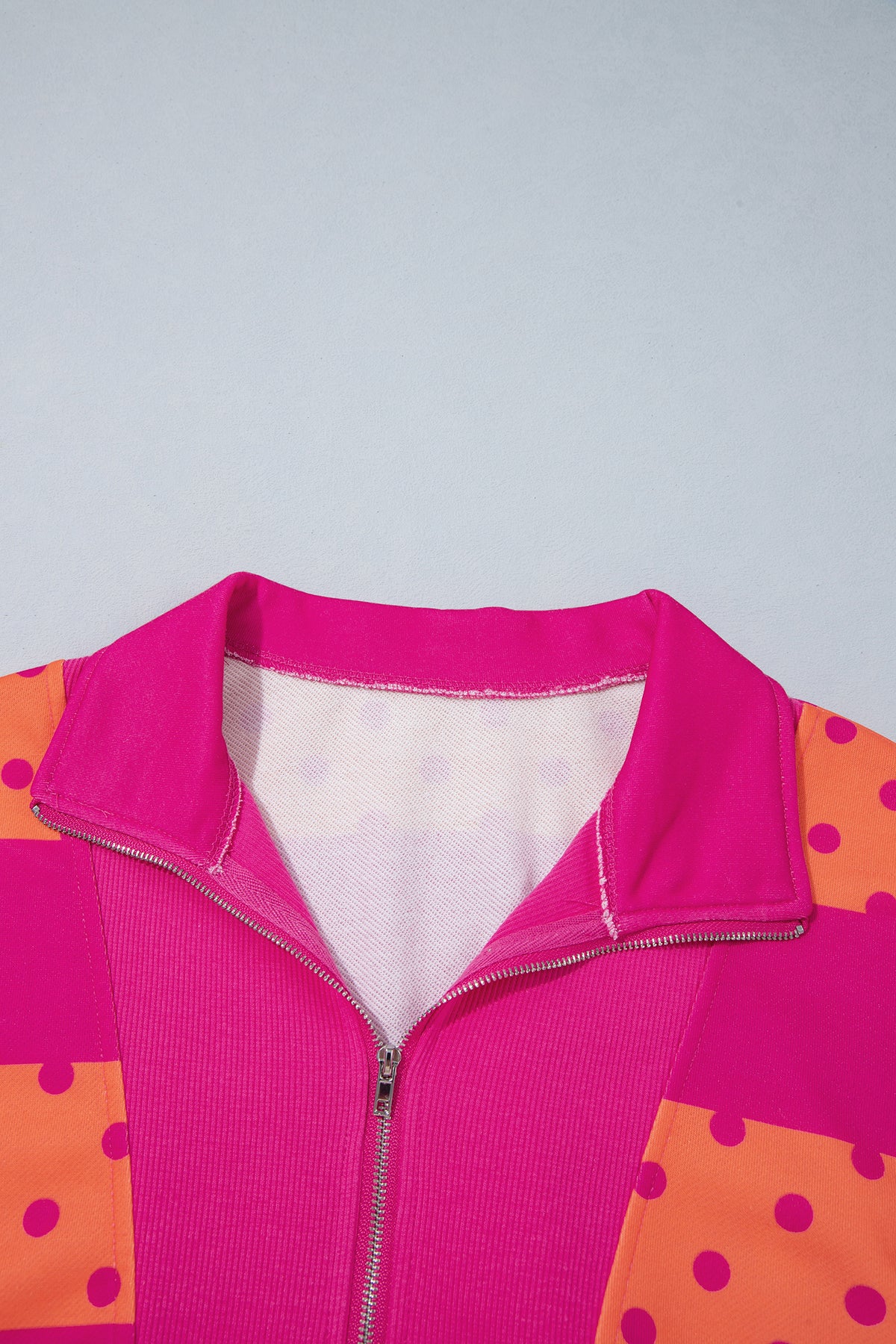 Pink Stripe Patchwork Polka Dot Accent Quarter Zip Long Sleeve Top