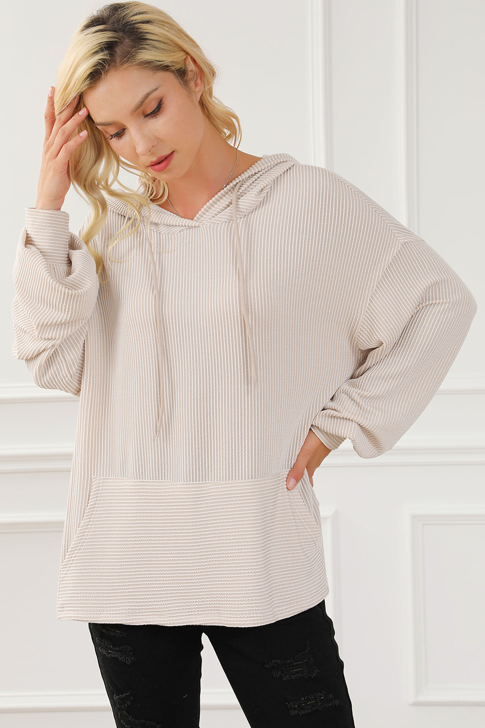 Pale Khaki Corded Drop Shoulder Kangaroo Pocket Hoodie