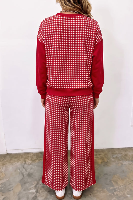 Red Color Block Plaid Patchwork Long Sleeve Pullover Wide Leg Pant Set