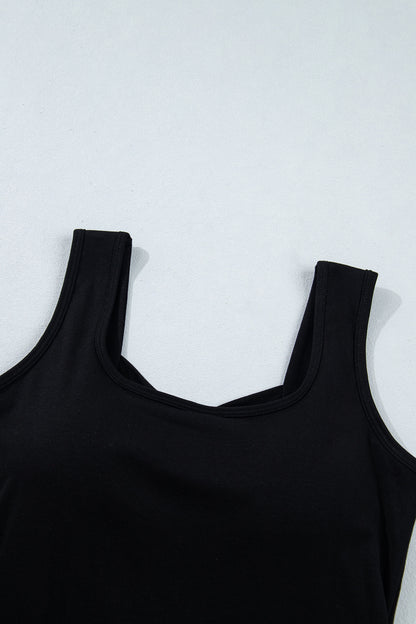 Black Twisted Cross Back Sleeveless U Neck Bra Insert Tank Top