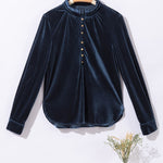 Navy Blue Frilled Neck Buttoned Front Velvet Top