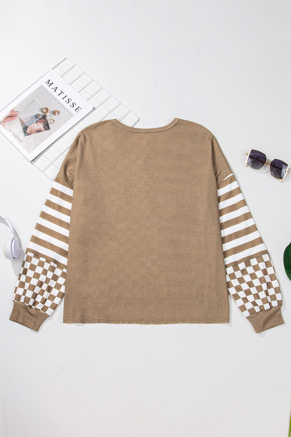 Chemisier kaki à manches lanternes et poches, patchwork à rayures et damier