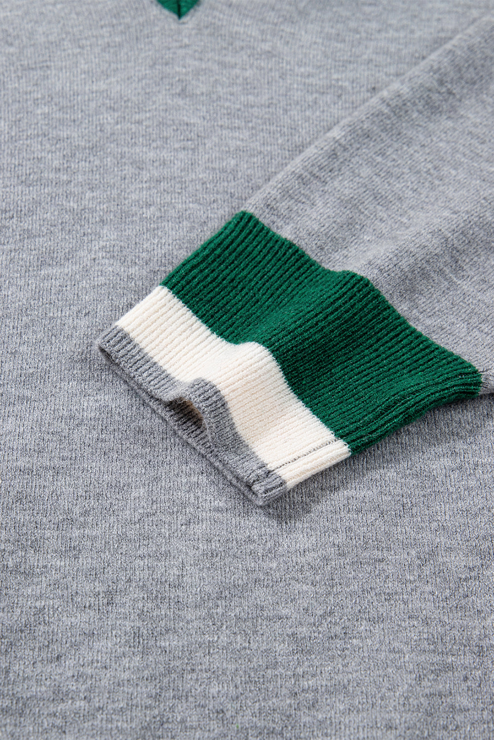 Gray Contrast Striped Trim V Neck Varsity Sweater