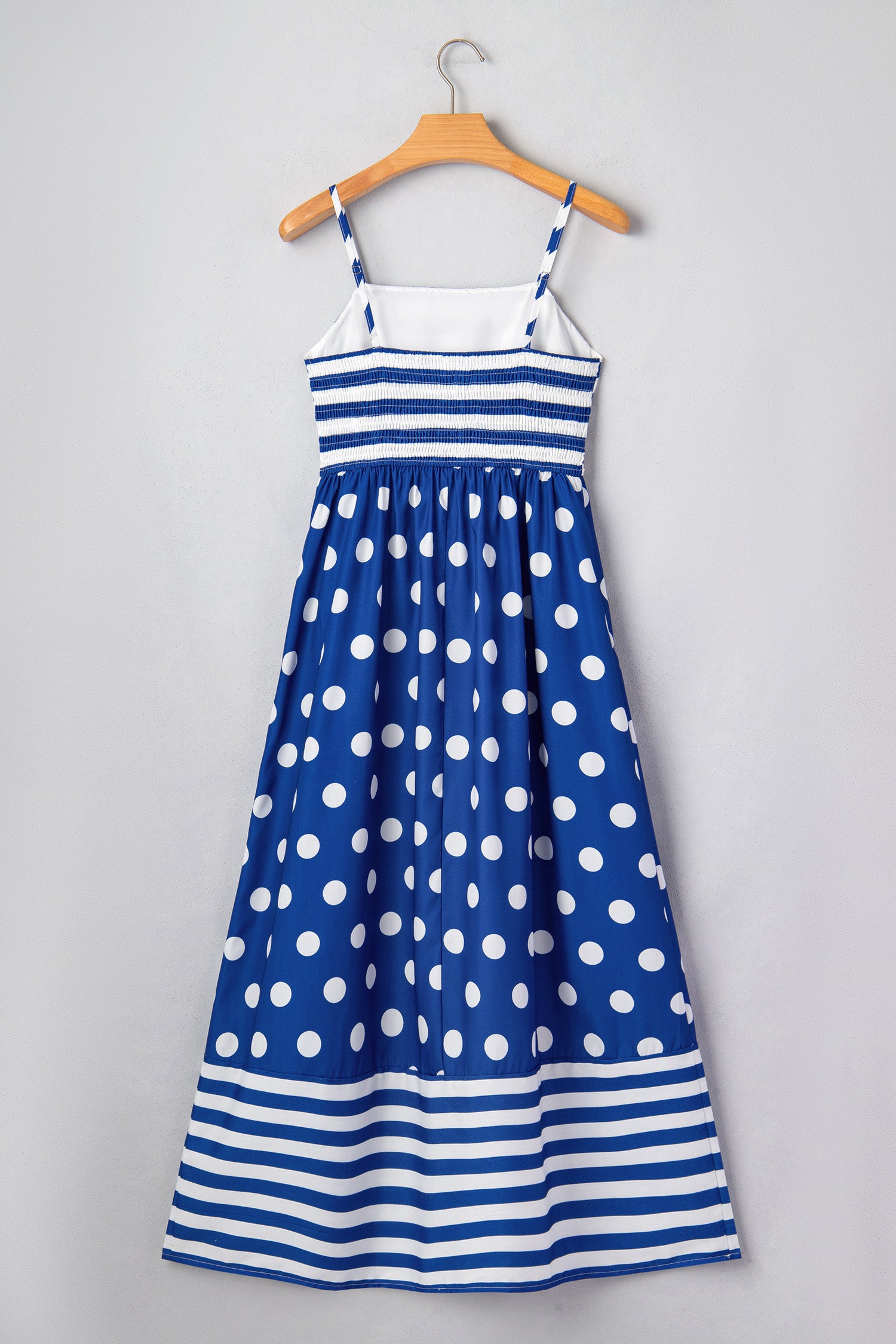 Blue Striped Polka Dot Patchwork High Waist Spaghetti Straps Maxi Dress