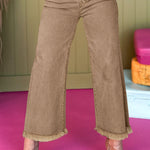 Light French Beige Acid Washed High Rise Cropped Wide Leg Jeans