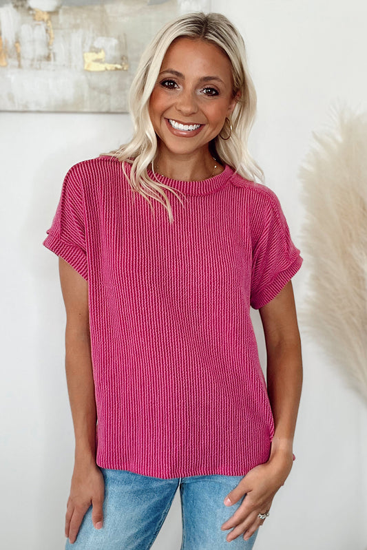 Rose Red Textured Knit Exposed Stitching T-shirt