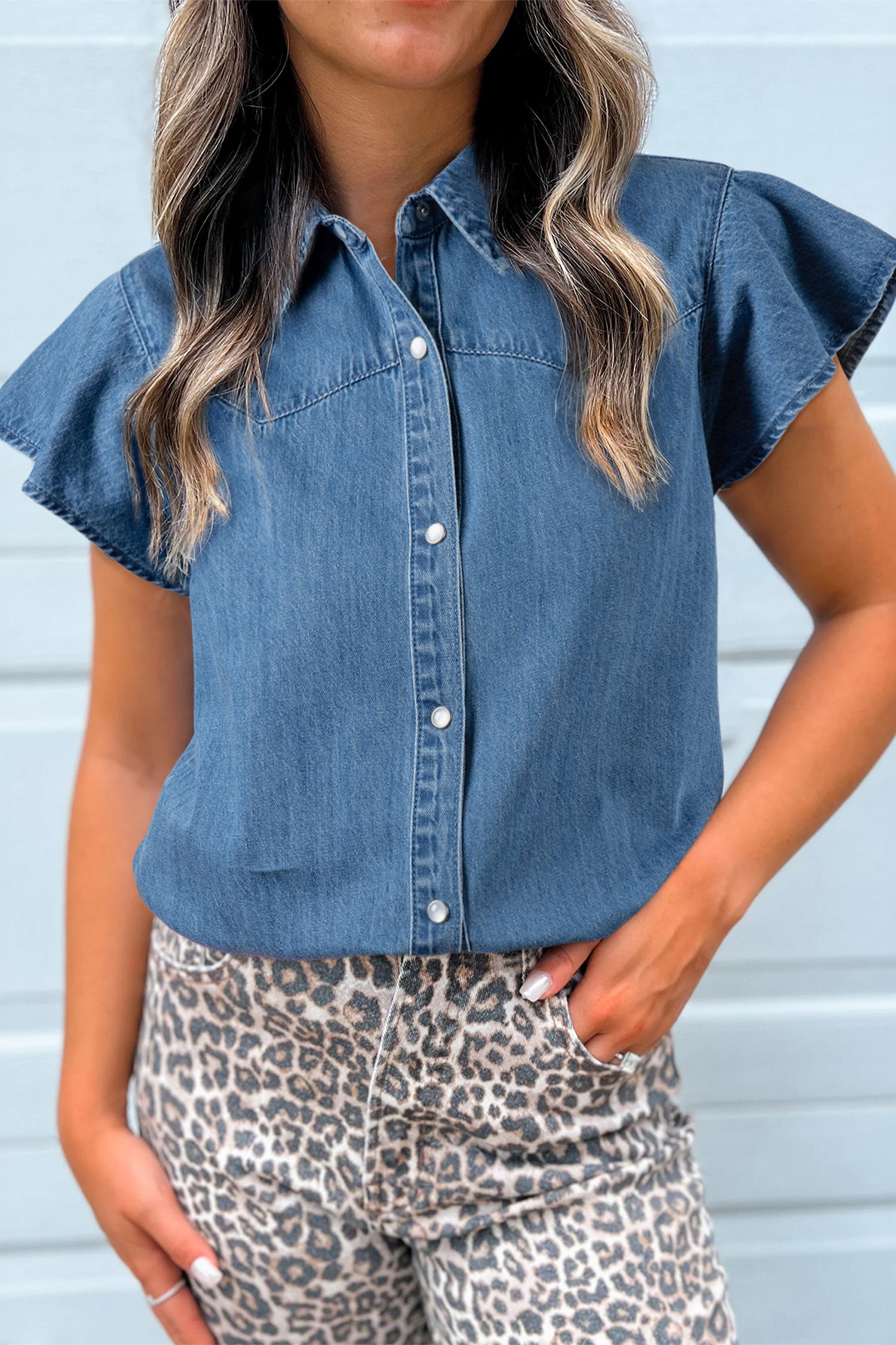 Dusk Blue Ruffled Short Sleeve Denim Shirt