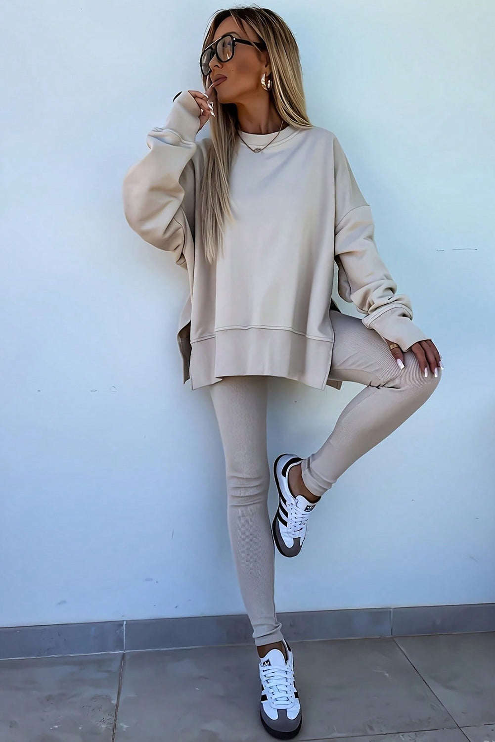 Jet Stream Solid Color Oversize Slit Sweatshirt Ribbed Leggings 2pcs Set