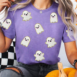 Wisteria Glitter Trim Chenille Ghost Patched Halloween Graphic Tee