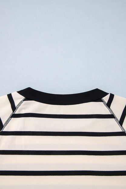 Beige Stripe Relaxed Long Sleeve Top Color Block Detail Drawstring Pant Set