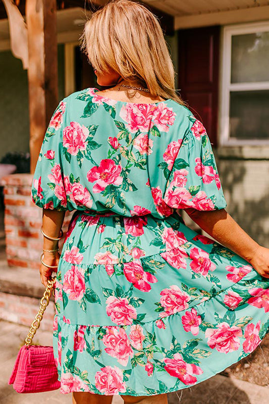 Green Floral Bubble Sleeve Surplice Ruffled Plus Size Dress