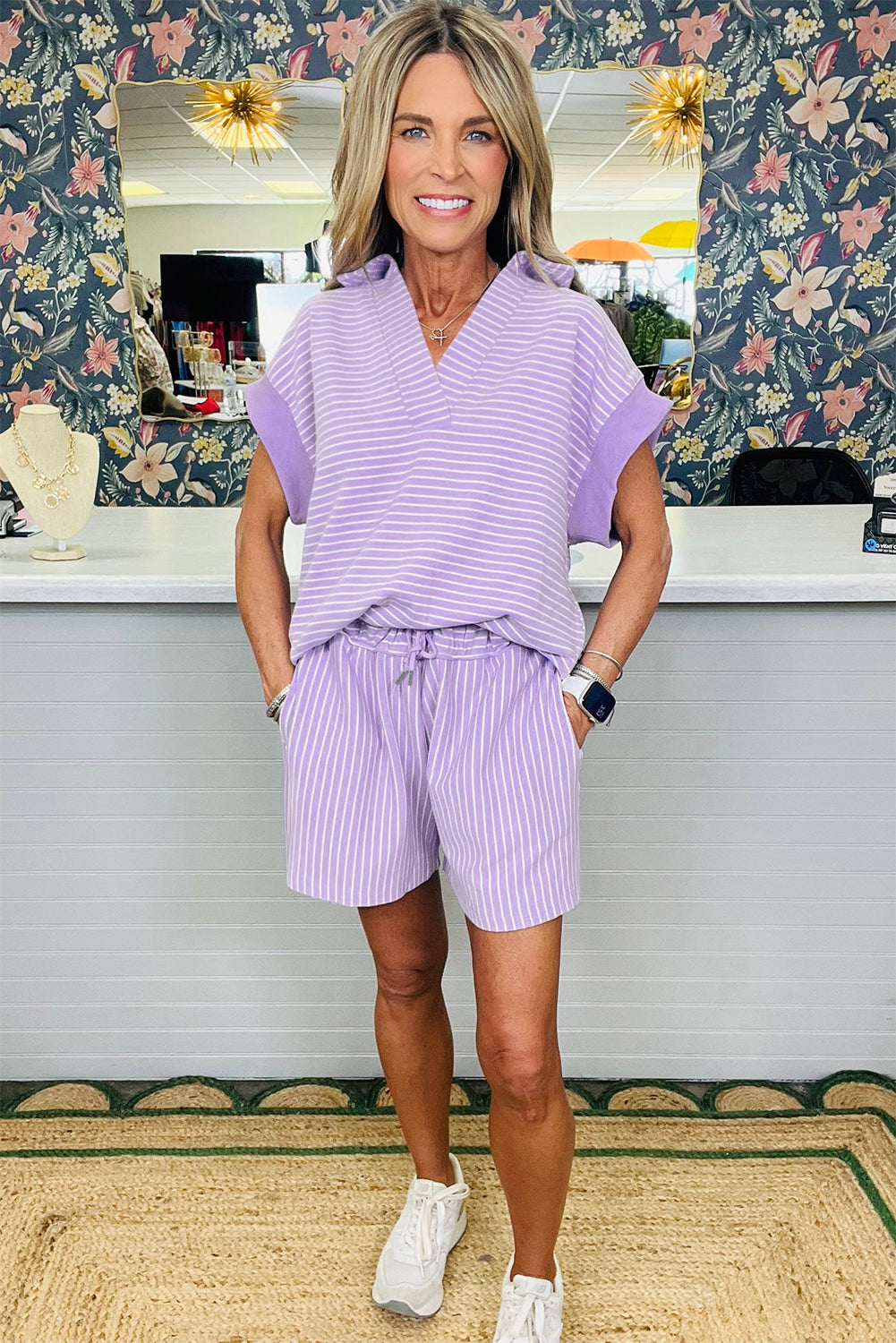 Purple Stripe Dolman Sleeve Polo Shirt and Drawstring Shorts Set