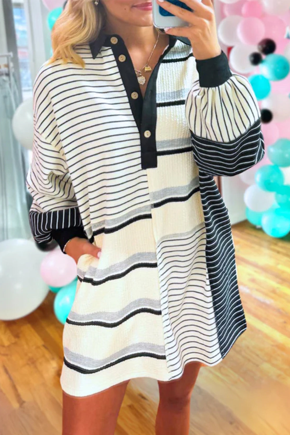 Black Stripe Colorblock Knit Henley Collar Shift Long Sleeve Mini Dress Black Stripe / S / 70%Polyester+27%Viscose+3%Elastane