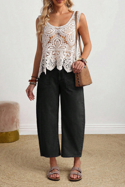 Black Solid Color Square Patch Pocket Ankle-length Barrel Jeans