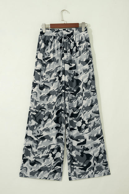 Green Camouflage Print Drawstring Casual Pants