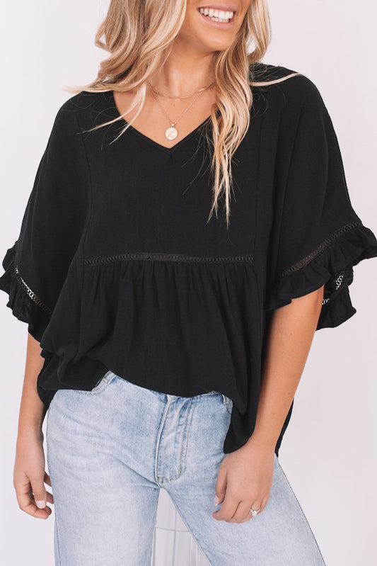 Ruffled Lace Detail Loose V Neck Top