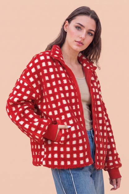 Fiery Red Plaid Zip-up Long Sleeve Jacket