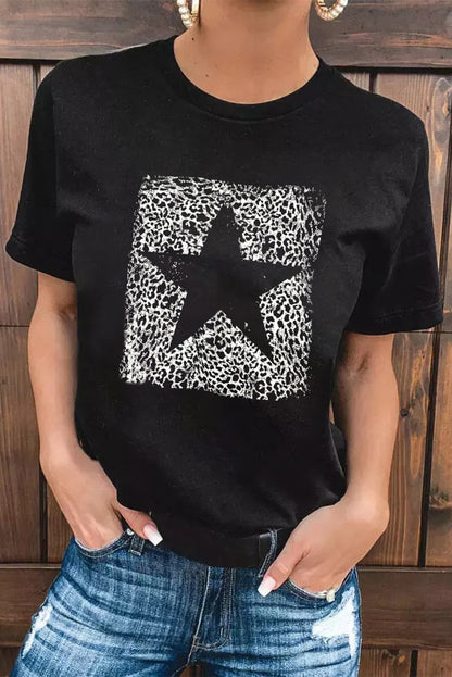 Star Leopard Print O Neck Short Sleeve Graphic Tee