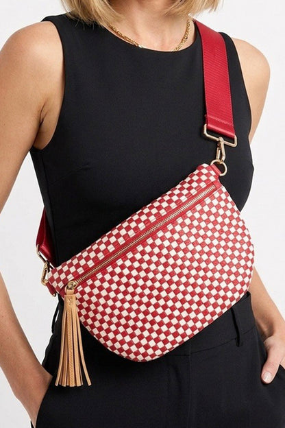 Fiery Red Checkered Woven PU Leather Crossbody Bag Adjustable Strap Large Size
