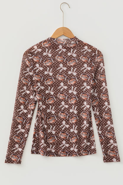 Brown Polka Dot Bow Football Print Long Sleeve Mesh Top
