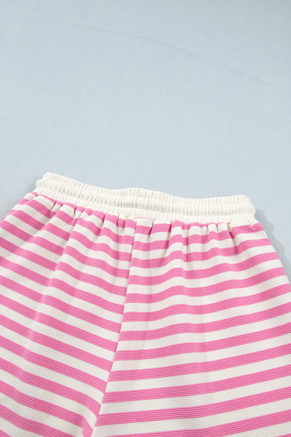 Pink Striped Long Sleeve Crew Neck Drawstring Waist Shorts Set