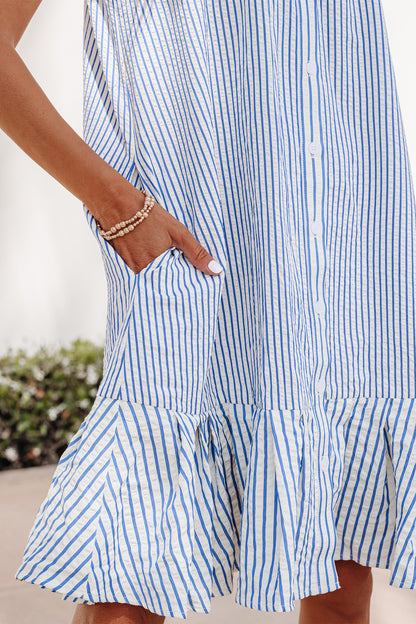 Sky Blue Stripe Shirt Collar Shirred Detail Ruffle Hem Sleeveless Dress