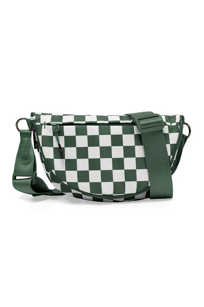 Blackish Green Checkered Canvas Crescent Shoulder Bag