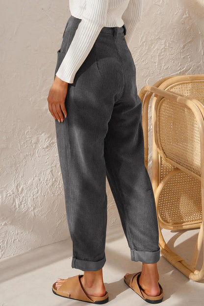 Black Corduroy High Waist Straight Leg Pants